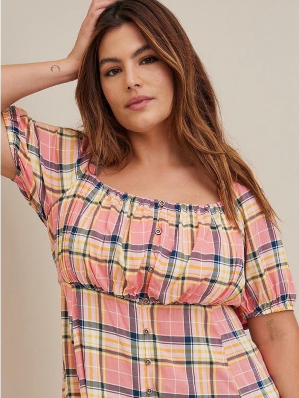 Torrid Babydoll Rayon Slub Puff Sleeve Top Plaid Peasant Blouse Plus Size 3X NWT